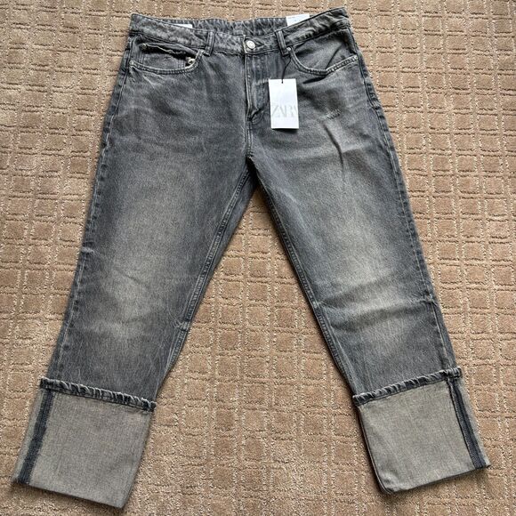 Zara Folded Stove Pipe Jeans Women's 14 Gray Denim Crop Mid Rise Casual NWT - Picture 1 of 8